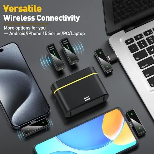 VEZQUA Wireless Lavalier Microphone for iPhone, Android, PC, Laptop - USB C Mini Microphone with Noise Cancellation for Video Recording, Vlog, YouTube, TikTok (USB C + Charging Case) - 5
