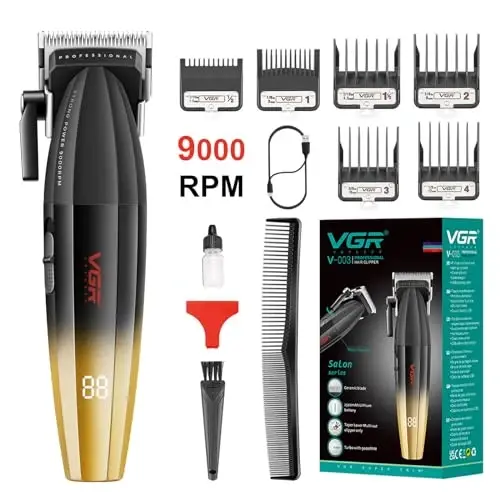VGR 003 Fresh Fade Hair Clipper, Professional Hair Trimmer, Cord/Cordless Rechargeable Hair Cutting Tools with LED Display, 9000 RPM Barber Clippers, Gold - VGR