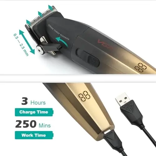 VGR 003 Fresh Fade Hair Clipper, Professional Hair Trimmer, Cord/Cordless Rechargeable Hair Cutting Tools with LED Display, 9000 RPM Barber Clippers, Gold - VGR (1)