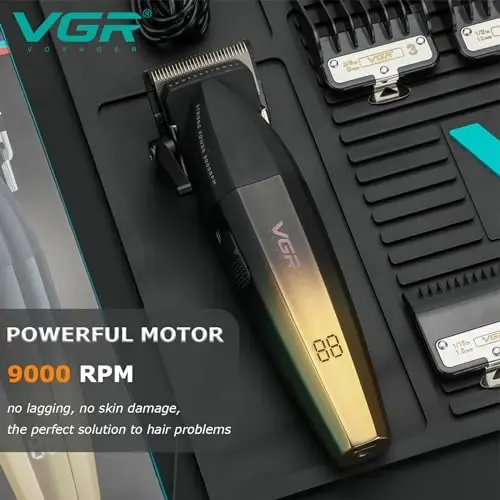 VGR 003 Fresh Fade Hair Clipper, Professional Hair Trimmer, Cord/Cordless Rechargeable Hair Cutting Tools with LED Display, 9000 RPM Barber Clippers, Gold - 3
