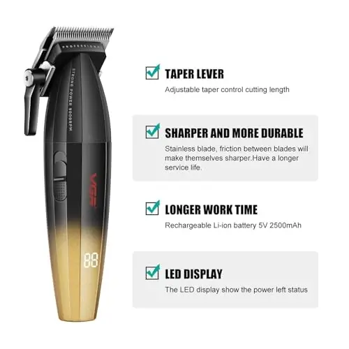 VGR 003 Fresh Fade Hair Clipper, Professional Hair Trimmer, Cord/Cordless Rechargeable Hair Cutting Tools with LED Display, 9000 RPM Barber Clippers, Gold - 4