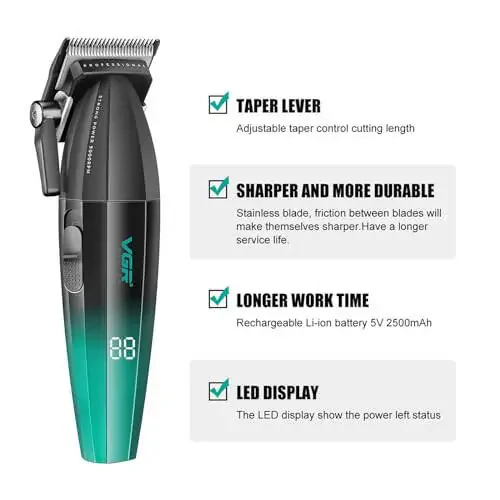 VGR 003 Fresh Fade Hair Clipper, Professional Hair Trimmer, Cord/Cordless Rechargeable Hair Cutting Tools with LED Display, Gift for Men - 4