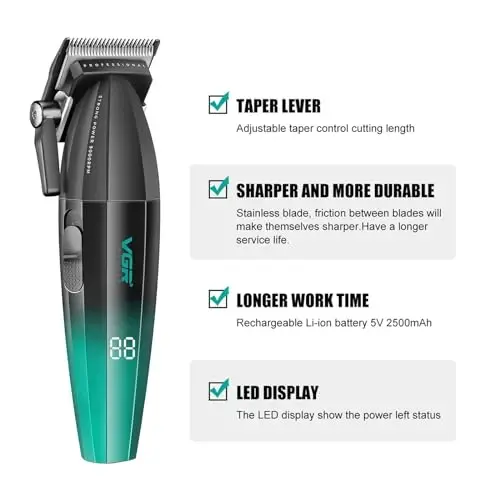 VGR 003 Fresh Fade Hair Clipper, Professional Hair Trimmer, Cord/Cordless Rechargeable Hair Cutting Tools with LED Display, Gift for Men - 4