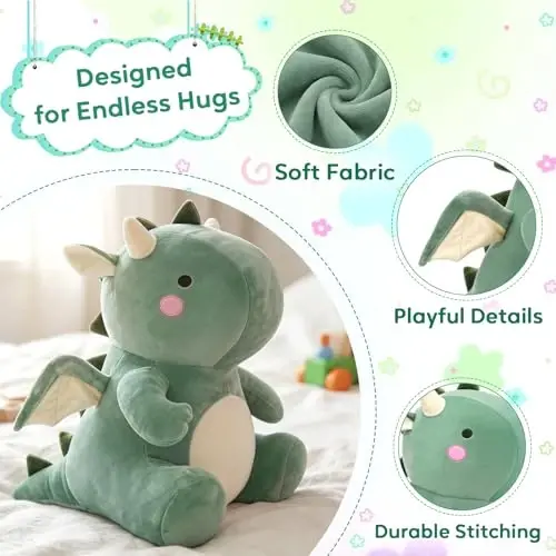 VHYHCY Cute Dinosaur Plush Toys, Fat Dinosaur Stuffed Animals, Soft Dragon Plush Dino Plushie, Birthday Gifts for Kids Girls Boys Green 8 inch - 3