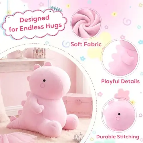 VHYHCY Cute Dinosaur Plush Toys, Fat Dinosaur Stuffed Animals, Soft Plush Dino Plushie, Birthday Gifts for Kids Girls Boys Pink 8 inch - 3
