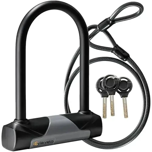 Via Velo Bike U-Lock with Cable, Heavy Duty Anti-Theft Bicycle U Locks with 8mm Braided Steel and 3 Keys, 4ft Length Security Cable for Bike, Scooter Mountain Road Bike - 1