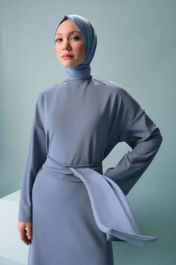 Вязаное платье с двойной завязкой на талии Ort9727 Индиго-Инд - 1