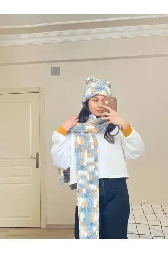 Вязаный шарф-палантин Puffy ручной работы - серо-коричнево-белый - 1