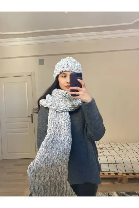 Вязаный шарф Puffy ручной работы Снежный барс-меланж 2 - MODA BIÇER