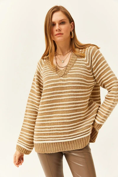 Вязаный свитер с V-образным вырезом и полосками мягкой текстуры для женщин KZK-19000739 - 7