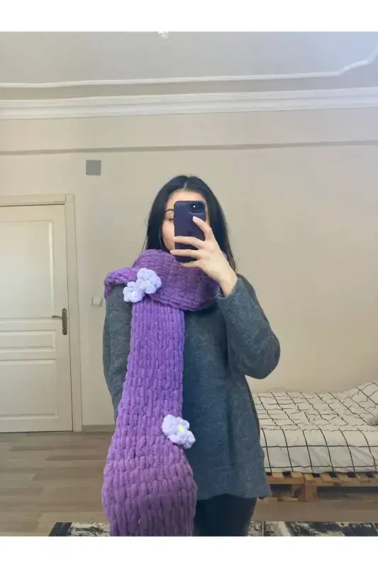 Вязаный вручную шарф-шаль Puffy с цветами – фиолетовый, белый, облачный - MODA BIÇER