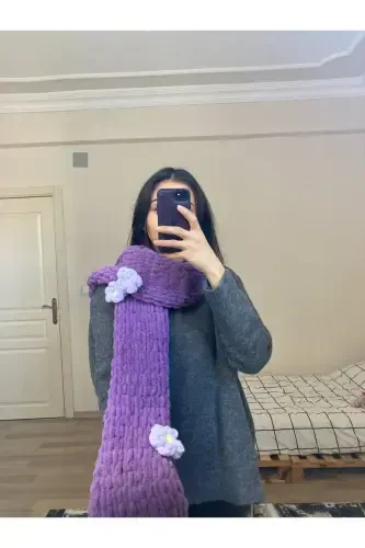 Вязаный вручную шарф-шаль Puffy с цветами – фиолетовый, белый, облачный - MODA BIÇER (1)
