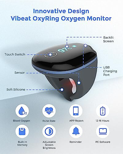 Vibeat OxyRing Continuous Oxygen Monitor - Bluetooth Pulse Oximeter with Real-time Reminder & Free PC Report, Wearable Finger Oxygen Meter for 16hrs Oxygen Level & Heart Rate Recording - 2