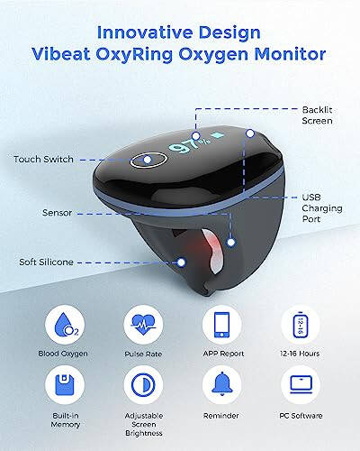 Vibeat OxyRing Непрерывный монитор кислорода - Пульсоксиметр Bluetooth с напоминанием в реальном времени и бесплатным отчетом для ПК, Носимый палец оксиметр для записи уровня кислорода и частоты сердечных сокращений в течение 16 часов - 2