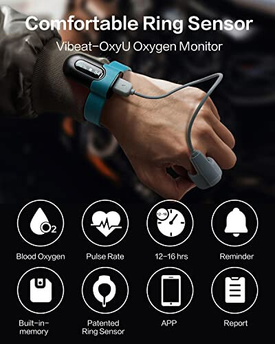 Vibeat OxyU Oxygen Monitor for O2 & Heart Rate Continuous Tracking, Wrist Wearable Pulse Oximeter, Notification of Threshold Exceed, Bluetooth Finger Oxygen Meter with Free App & PC Report - 2