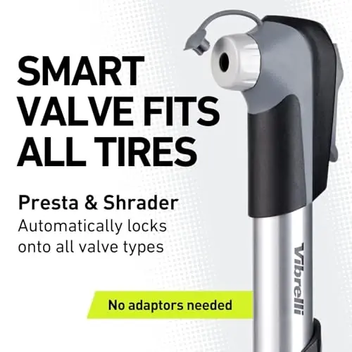 Vibrelli Mini Bike Pump - Presta & Schrader Bicycle Pump - 120 PSI Tire Pump for Road & MTB - No Valve Changing Needed - VIBRELLI (1)
