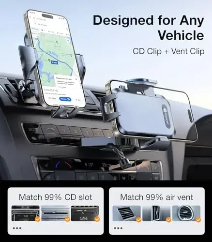 VICSEED Military-Grade Sturdy Car Phone Holder Mount, Upgraded Anti Shake Metal CD Slot & Air Vent Thick Case Friendly Phone Mount for Car Fit for iPhone 17 16 15 Samsung All Phones - 5