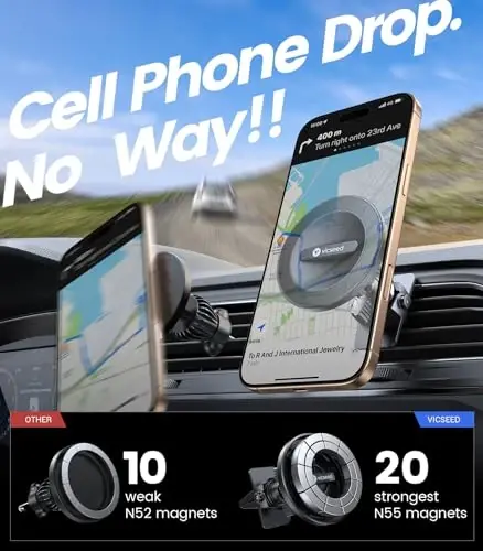 VICSEED for MagSafe Car Mount [Upgraded Strong Magnetic & Won't Break Vent] | Stable Travel Magnetic Phone Holder, 360° Adjustable, Hands Free for iPhone 17 16 15 14 13 12 Pro Max All Phones, Black - 3