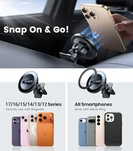 VICSEED for MagSafe Car Mount [Upgraded Strong Magnetic & Won't Break Vent] | Stable Travel Magnetic Phone Holder, 360° Adjustable, Hands Free for iPhone 17 16 15 14 13 12 Pro Max All Phones, Black - 5