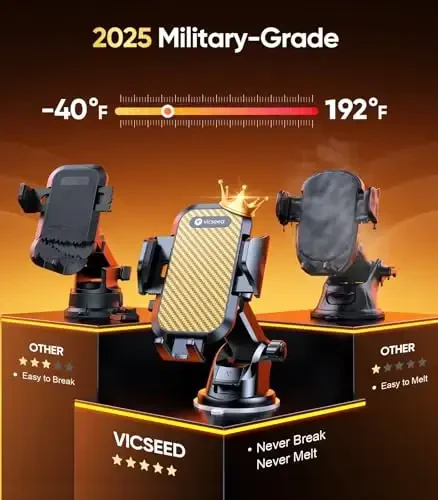VICSEED Gold Phone Holders for Your Car, [True Military-Grade Strongest Suction Power], 3-in-1 Dashboard Windshield Vent, Truck Boat Stand Cell Phone Mount for iPhone Android All Phones - 3