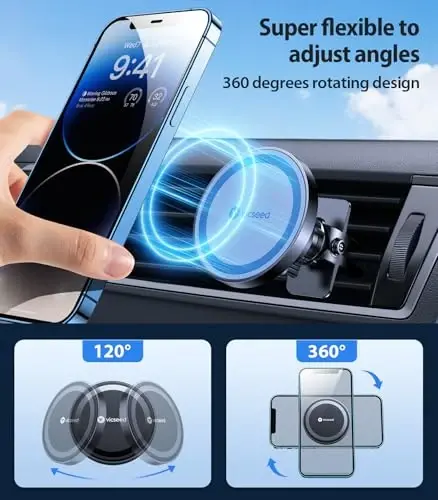 VICSEED MagSafe avtomobil o'rnatgichi uchun [Eng kuchli magnit kuchi yangilandi] Avtomobil shamollatgichi uchun magnit telefon ushlagichi 360 sozlanishi magnit avtomobil telefon ushlagichi iPhone 17 Air Pro Max 15 14 13 12 Plus Mini, Moviy - 6