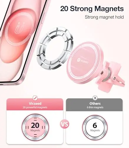 VICSEED MagSafe avtomobil o'rnatish uchun [Eng kuchli magnit quvvati yangilandi] Avtomobil shamollatgichi uchun magnit telefon ushlagichi 360 sozlanishi magnit avtomobil telefon ushlagichi iPhone 15 14 13 12 Pro Max Plus Mini uchun, pushti - VICSEED (1)
