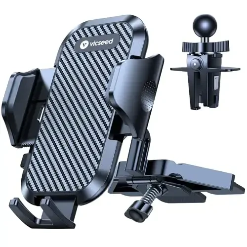 VICSEED Military-Grade Sturdy Car Phone Holder Mount, Upgraded Anti Shake Metal CD Slot & Air Vent Thick Case Friendly Phone Mount for Car Fit for iPhone 17 16 15 Samsung All Phones - Classic Black - 1