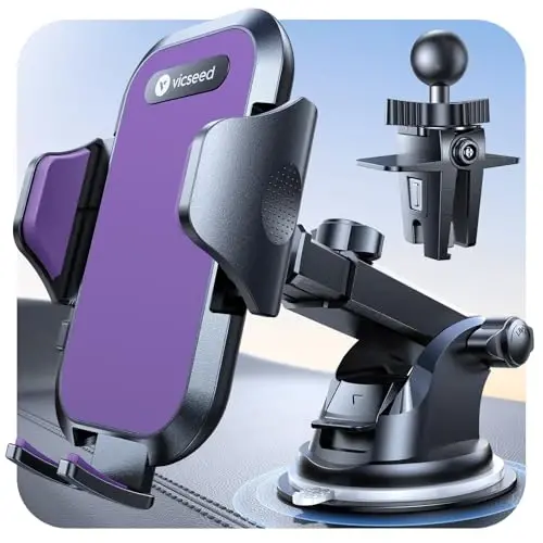 VICSEED Purple Phone Holders for Your Car [Upgraded True Military-Grade Strongest Suction] Cell Phone Mount for Car Dashboard Windshield Vent Truck Boat Stand Adjustable for iPhone Android - 3