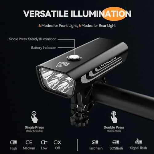 VICTAGEN Bike Lights Front and Rear - High Brightness 8500lm Rechargeable Bicycle Lights Set for Night Riding - Long Runtime Safety Lights for Cycling on Roads and Mountains - 2