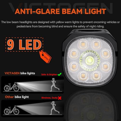 Victagen Bike Lights Kit 9LED Bike Headlights High & Low Beams, Ultra-Light and Bright Bicycle Lights, Waterproof Bike Lights for Night Riding, USB-C Bicycle Front and Rear Lights - 3