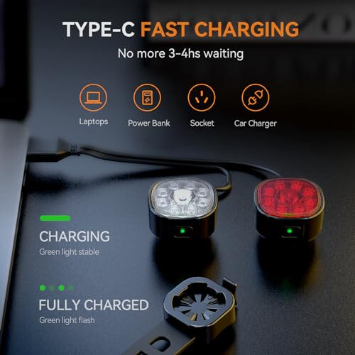 Victagen Velosiped Chiroqlari To'plami 9LED Velosiped Farlari Yuqori va Past Nurlar, Ultra Yengil va Yorqin Velosiped Chiroqlari, Kechasi Haydash Uchun Su O'tkazmaydigan Velosiped Chiroqlari, USB-C Velosiped Old va Orqa Chiroqlari - 5