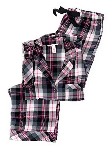 Victoria's Secret The Flannel Uzun PJ Pijama Komplekti (XL-Large, Qora Oq-Pushti Chiziqli) - 1