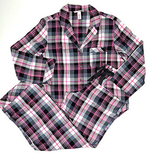 Victoria's Secret The Flannel Uzun PJ Pijama Komplekti (XL-Large, Qora Oq-Pushti Chiziqli) - 2