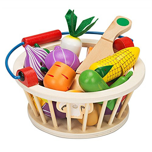 Victostar Magnetic Wooden Cutting Fruits Vegetables Food Play Toy Set with Basket for Kids (Vegetables) - 32