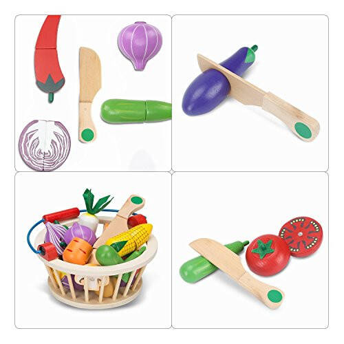 Victostar Magnetic Wooden Cutting Fruits Vegetables Food Play Toy Set with Basket for Kids (Vegetables) - 33