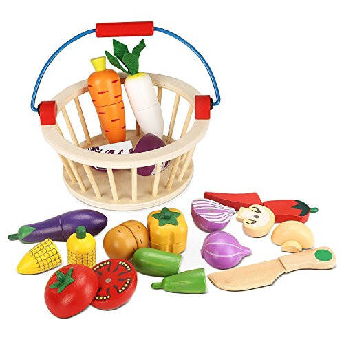 Victostar Magnetic Wooden Cutting Fruits Vegetables Food Play Toy Set with Basket for Kids (Vegetables) - 34