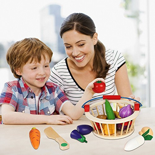 Victostar Magnetic Wooden Cutting Fruits Vegetables Food Play Toy Set with Basket for Kids (Vegetables) - 35