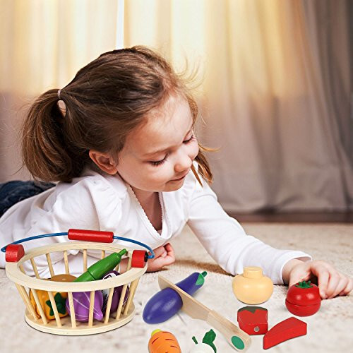 Victostar Magnetic Wooden Cutting Fruits Vegetables Food Play Toy Set with Basket for Kids (Vegetables) - 36