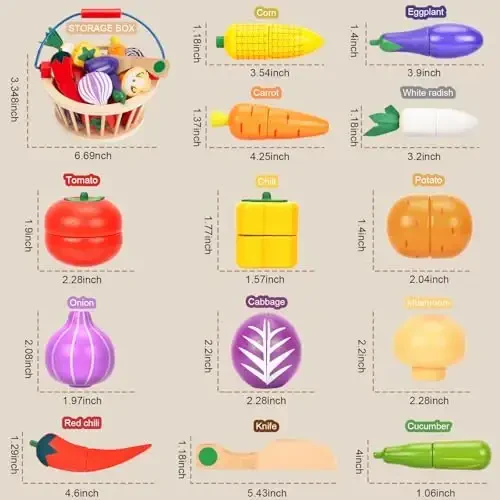 Victostar Magnetic Wooden Cutting Fruits Vegetables Food Play Toy Set with Basket for Kids (Vegetables) - 4