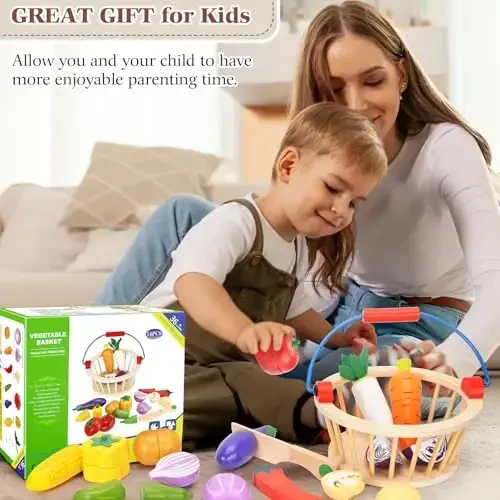 Victostar Magnetic Wooden Cutting Fruits Vegetables Food Play Toy Set with Basket for Kids (Vegetables) - 5