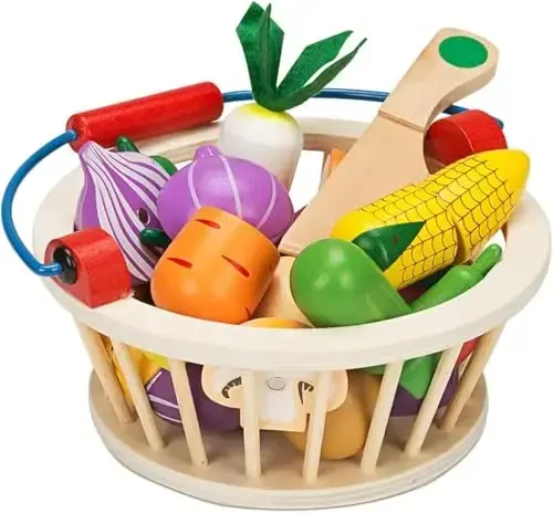 Victostar Magnetic Wooden Cutting Fruits Vegetables Food Play Toy Set with Basket for Kids (Vegetables) - 6