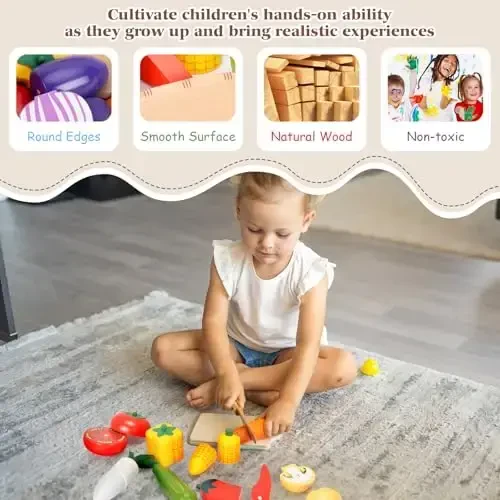 Victostar Magnetic Wooden Cutting Fruits Vegetables Food Play Toy Set with Basket for Kids - 1