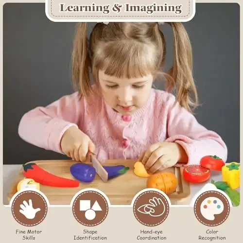 Victostar Magnetic Wooden Cutting Fruits Vegetables Food Play Toy Set with Basket for Kids - 2