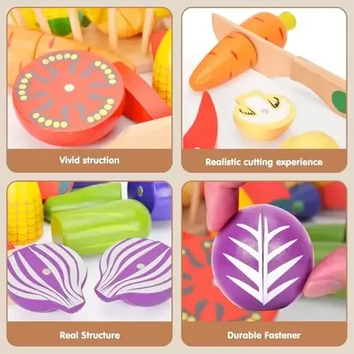 Victostar Magnetic Wooden Cutting Fruits Vegetables Food Play Toy Set with Basket for Kids - 3