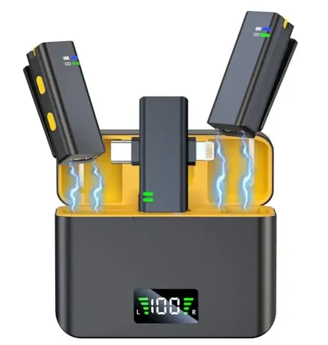 Wireless Microphones for Video Recording - Noise Canceling Mini Lav Mics for iPhone, 3-Level Gain Control, 35H Battery - Phone Microphone for YouTube, TikTok Live-streaming, Podcast, Vlogging - 1