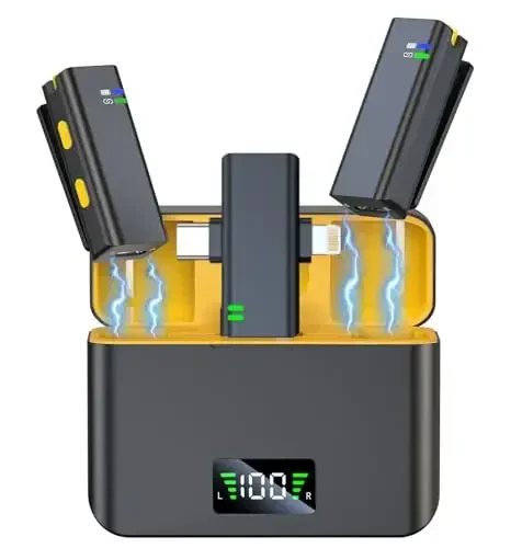 Video yozish uchun simsiz mikrofonlar - shovqinni bekor qiluvchi mini lav mikrafonlar iPhone uchun, 3 darajali kuchaytirishni boshqarish, 35 soatlik batareya - YouTube, TikTok jonli efir, Podcast, Vlogging uchun telefon mikrofon - 1