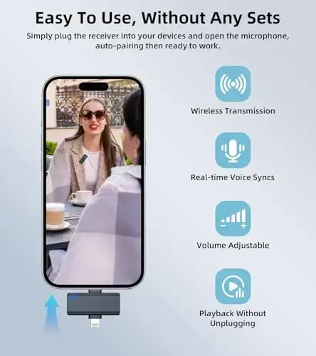 Video yozish uchun simsiz mikrofonlar - shovqinni bekor qiluvchi mini lav mikrafonlar iPhone uchun, 3 darajali kuchaytirishni boshqarish, 35 soatlik batareya - YouTube, TikTok jonli efir, Podcast, Vlogging uchun telefon mikrofon - 2