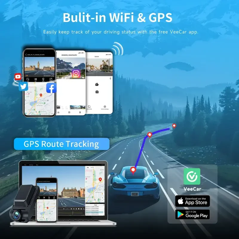 Видеорегистратор Artsic Dash Cam, передний и задний, 4K, с Wi-Fi и GPS, управлением через приложение, ночным видением, WDR, G-сенсором, циклической записью, режимом парковки, включая карту памяти SD на 32 ГБ - черный - 3