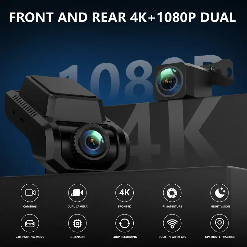 Видеорегистратор Artsic Dash Cam, передний и задний, 4K, с Wi-Fi и GPS, управлением через приложение, ночным видением, WDR, G-сенсором, циклической записью, режимом парковки, включая карту памяти SD на 32 ГБ - черный - 4