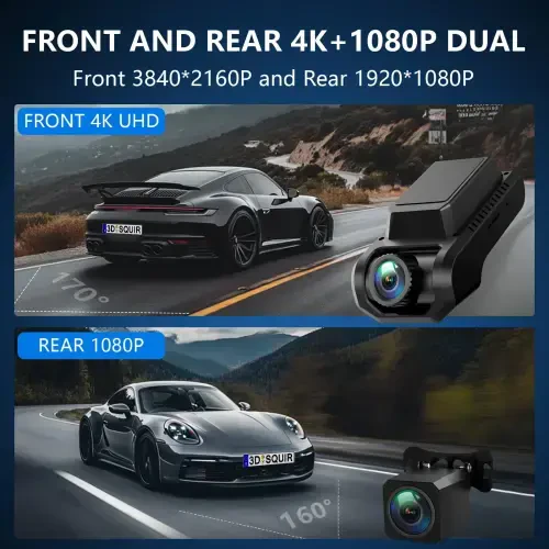 Видеорегистратор Artsic Dash Cam, передний и задний, 4K, с Wi-Fi и GPS, управлением через приложение, ночным видением, WDR, G-сенсором, циклической записью, режимом парковки, включая карту памяти SD на 32 ГБ - черный - 5